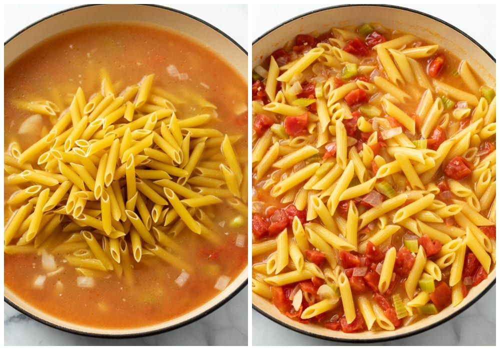 A pot with penne pasta in a tomato chicken broth sauce before and after being cooked.