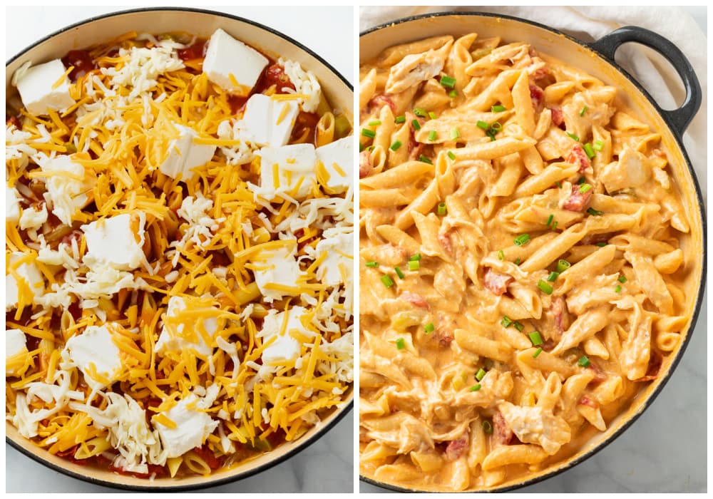 Buffalo Chicken Pasta before and after having cheese mixed in.