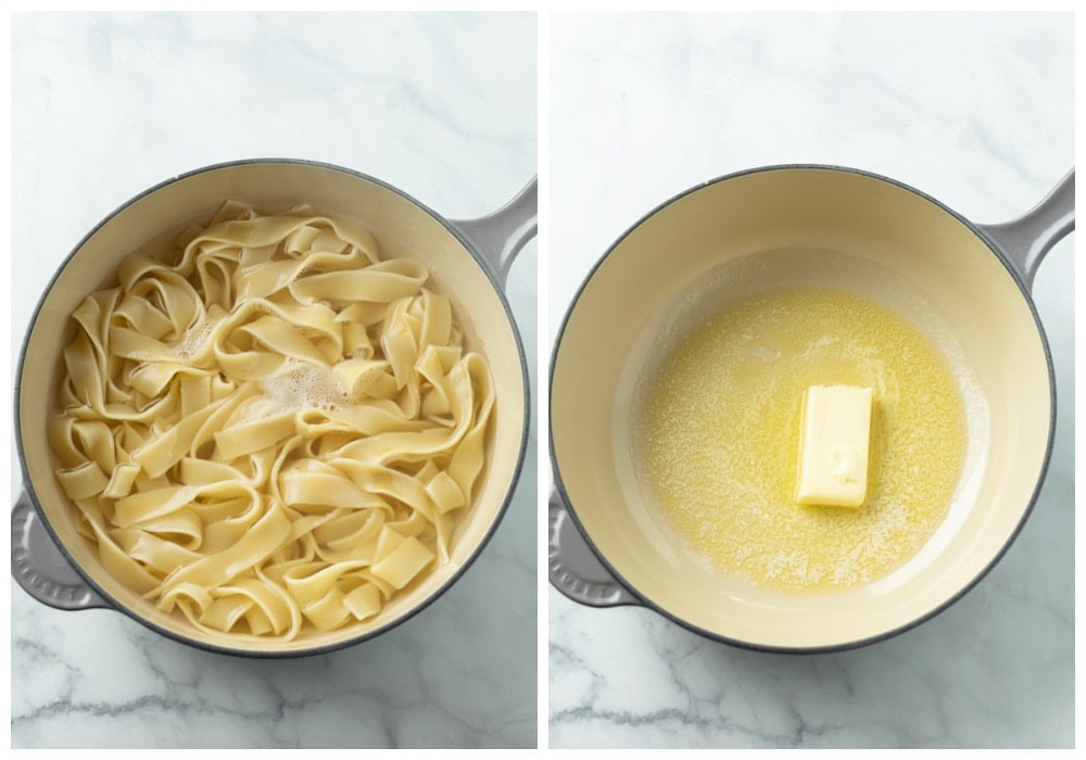 A pot with boiled pasta noodles and melted butter to make Buttered Noodles.