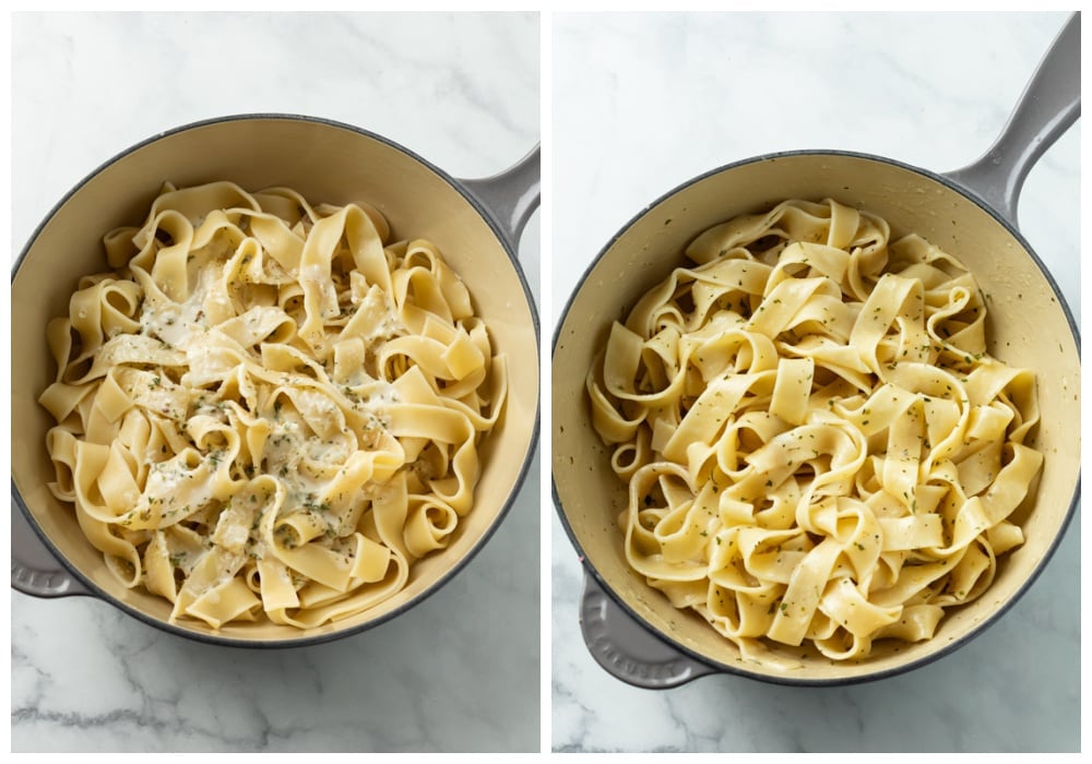 Combining Buttered noodles with Parmesan cheese and herbs in a pot.
