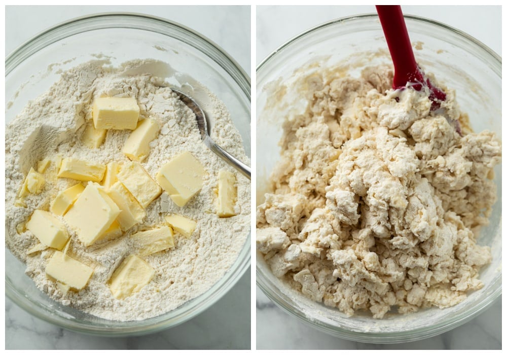 A glass bowl with dough before and after being mixed to make Buttermilk Biscuits.