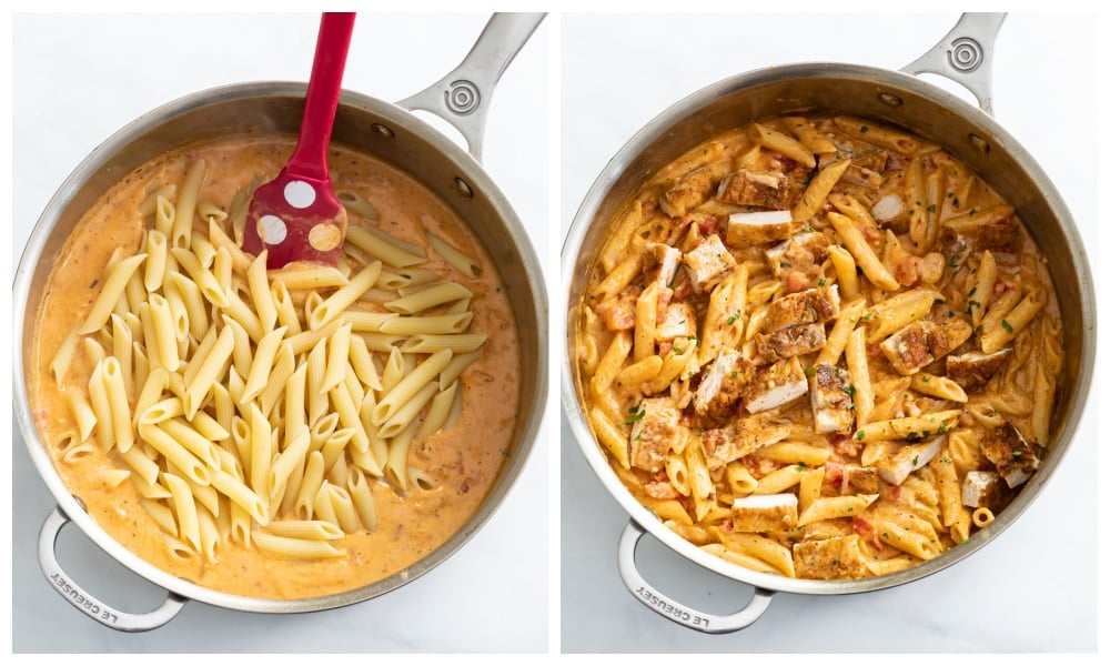 Adding penne pasta and chicken to Cajun sauce in a skillet.