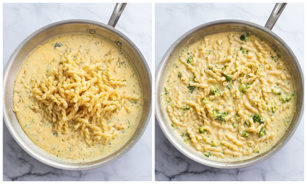 Adding pasta to a skillet of broccoli cheese sauce.