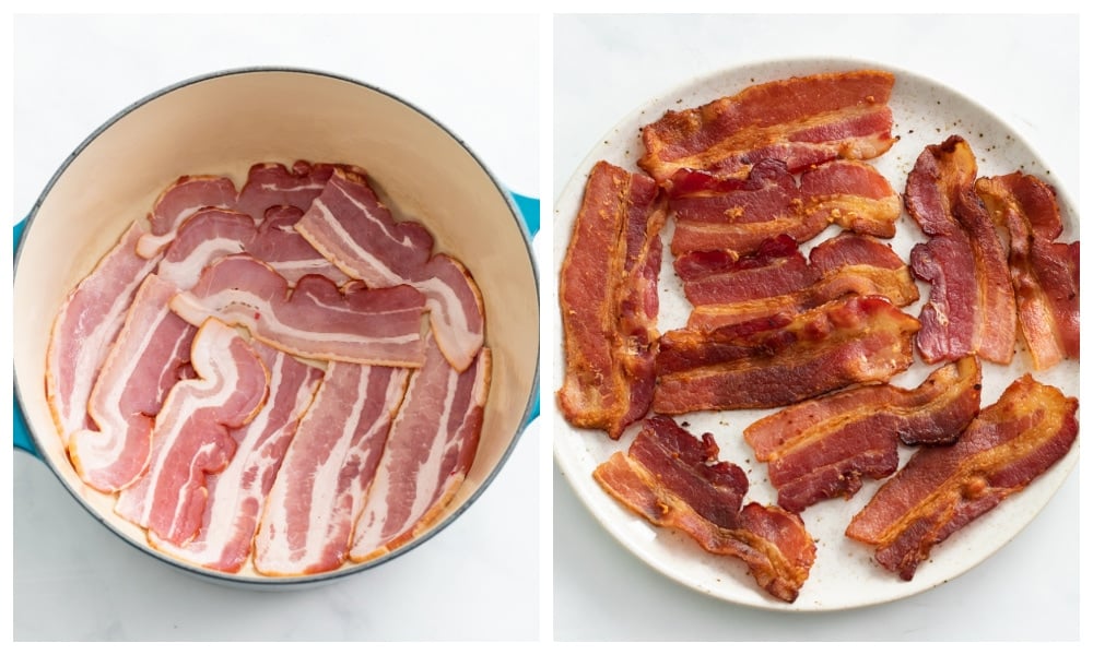 A pot of uncooked bacon next to a plate of cooked bacon.