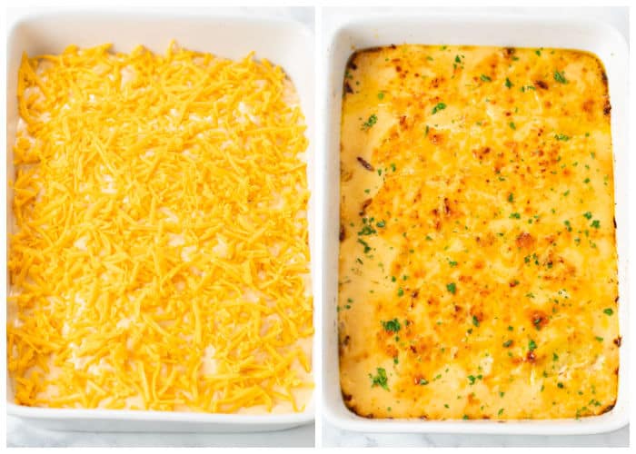 Cheesy scalloped potatoes in a white casserole dish before and after being baked.