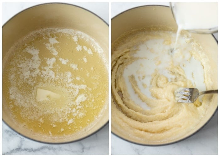 Making a roux with butter and flour in a dutch oven and adding milk for scalloped potatoes.