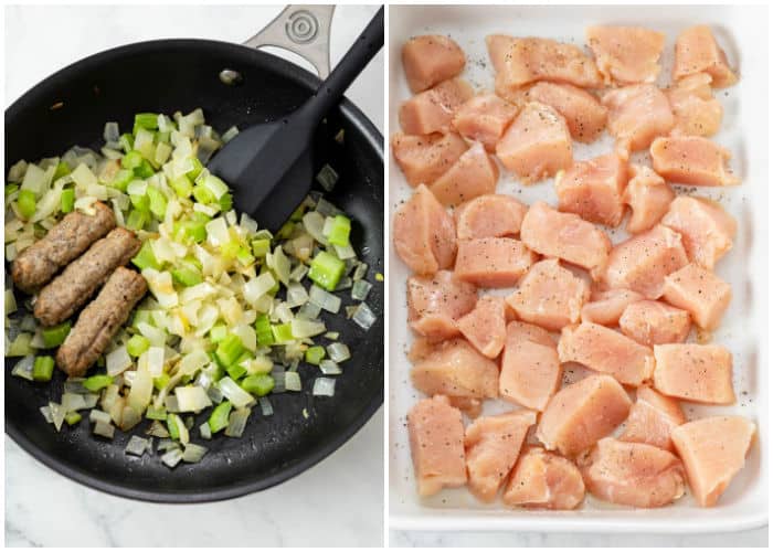 A side by side image of onions, celery, and sausage in a skillet next to a casserole dish with uncooked diced chicken.