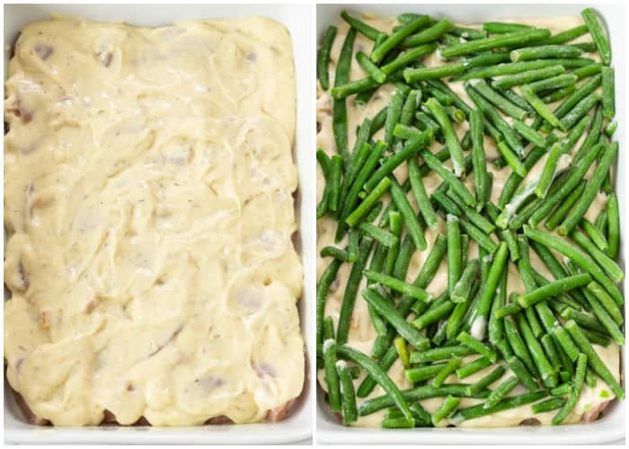 A casserole dish with chicken, cream of chicken, and green beans for chicken and stuffing casserole.