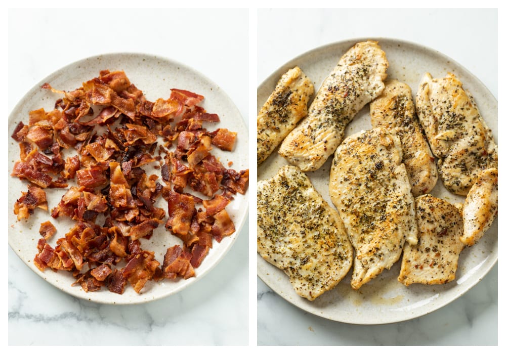 A plate of chopped up crispy bacon next to a plate of season and seared chicken.