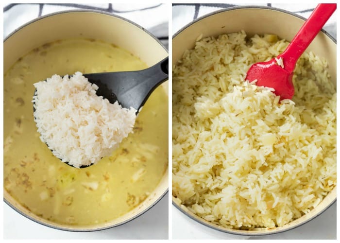 A dutch oven with white rice before and after being cooked in a pot.