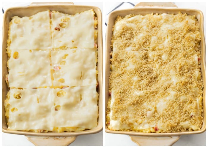 Chicken Cordon Bleu Casserole topped with Swiss Cheese and Breadcrumbs.