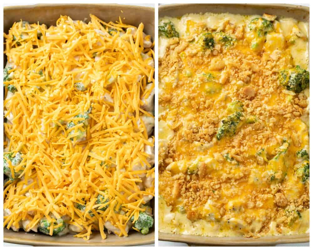 A casserole dish with Chicken Divan before and after being baked.