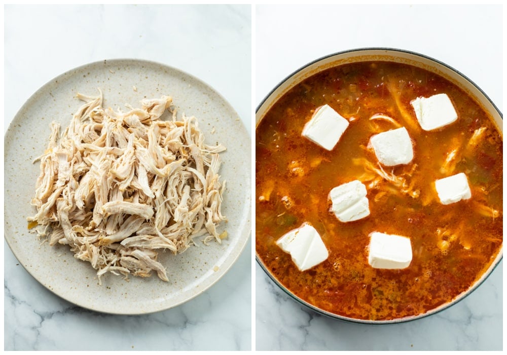 Shredded chicken on a plate next to a bowl of chicken enchilada soup with cream cheese being added.