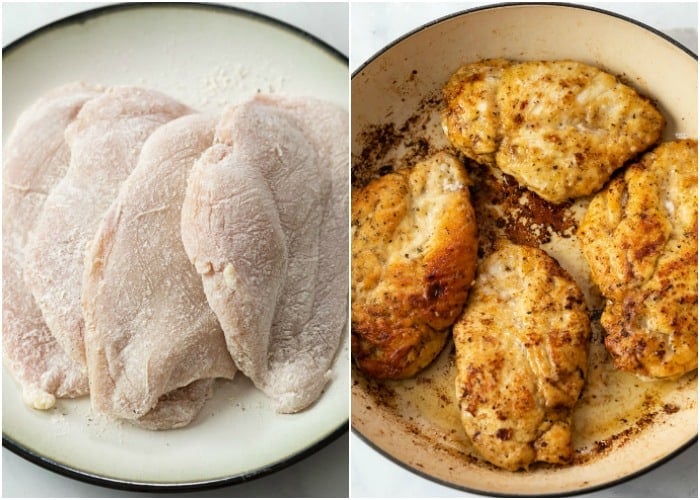 A pan with floured chicken breasts before and after being seared.