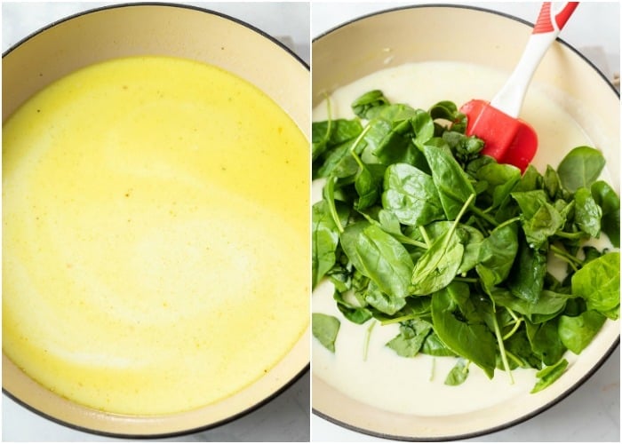 A pan with chicken broth and cream with spinach being added to make chicken florentine.