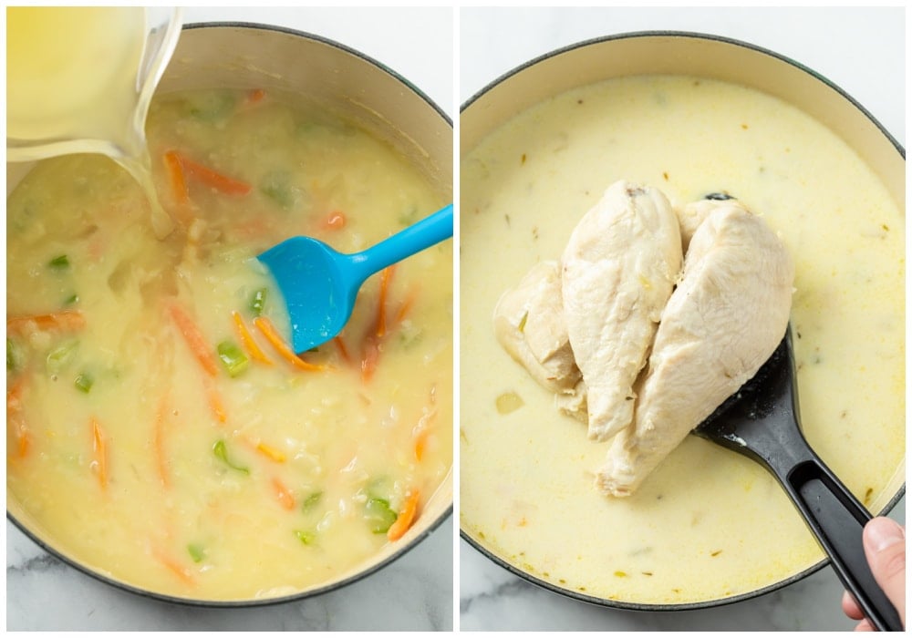 Adding broth and chicken to soup to make Chicken Gnocchi Soup.