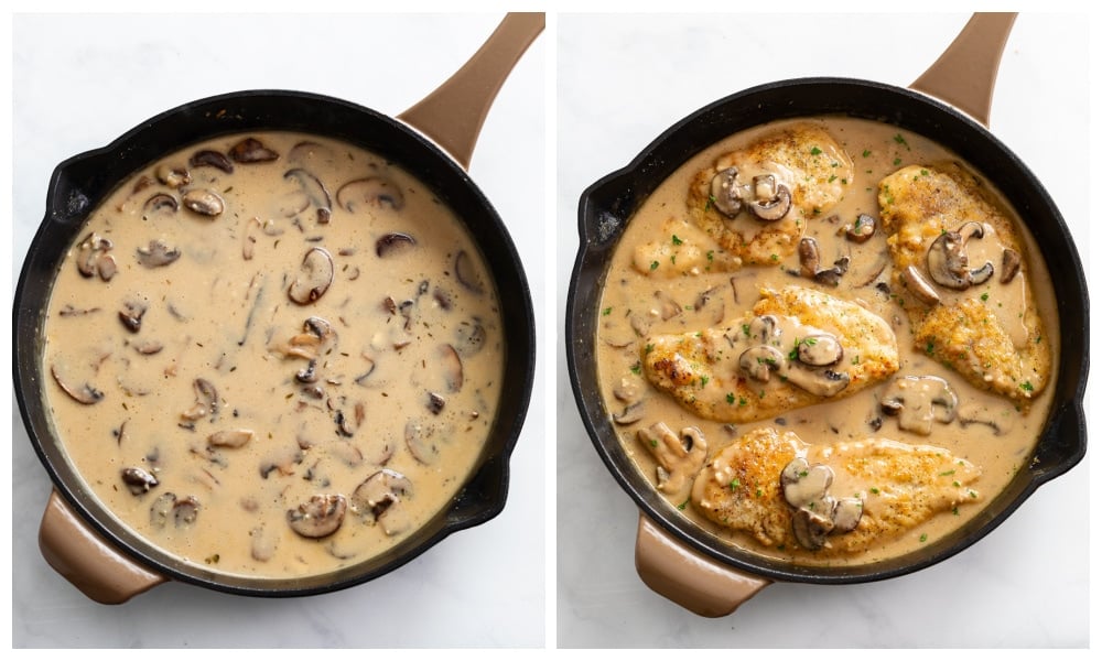 A skillet with marsala sauce and mushrooms next to a skillet of Chicken Marsala.