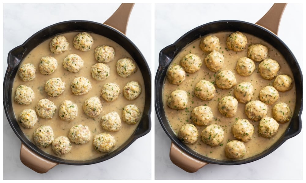 Chicken Meatballs in a skillet before and after sauce being spooned on top.