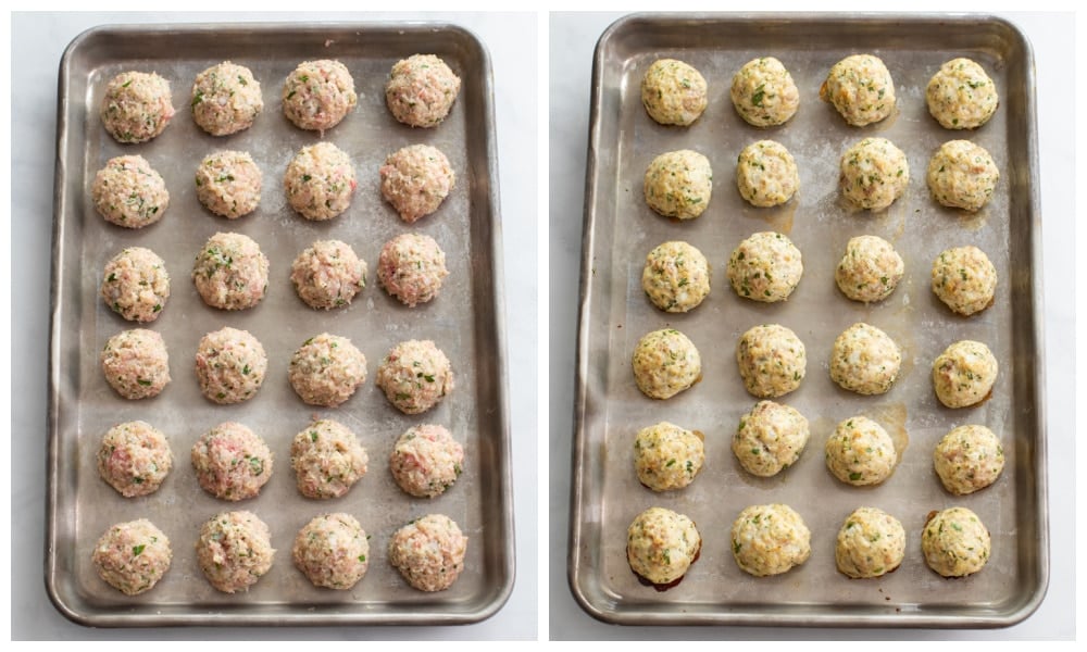 Chicken Meatballs on a baking sheet before and after being baked.