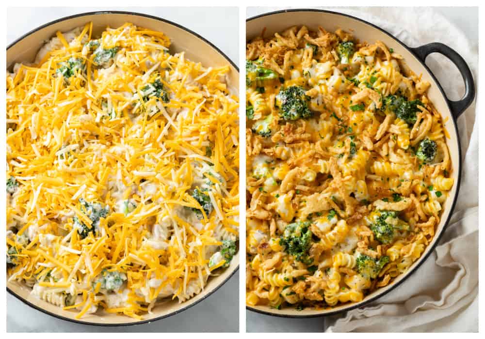 Cheesy Chicken Noodle Casserole before and after baking.
