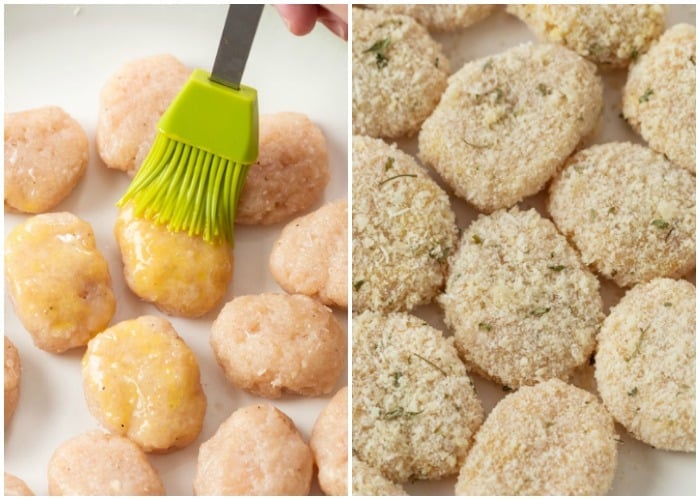 Brushing homemade chicken nuggets with whisked eggs and coating them in breadcrumbs.