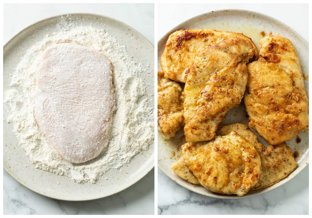 Chicken coated in a Parmesan flour mixture next to a plate of seared crispy chicken for Chicken Piccata.