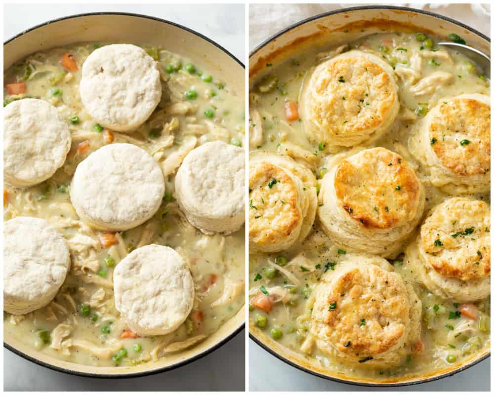 Chicken Pot Pie with Biscuits before and after being baked.