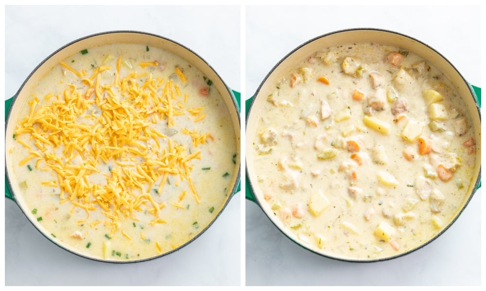 Adding cheese to a pot of Chicken Potato Soup.
