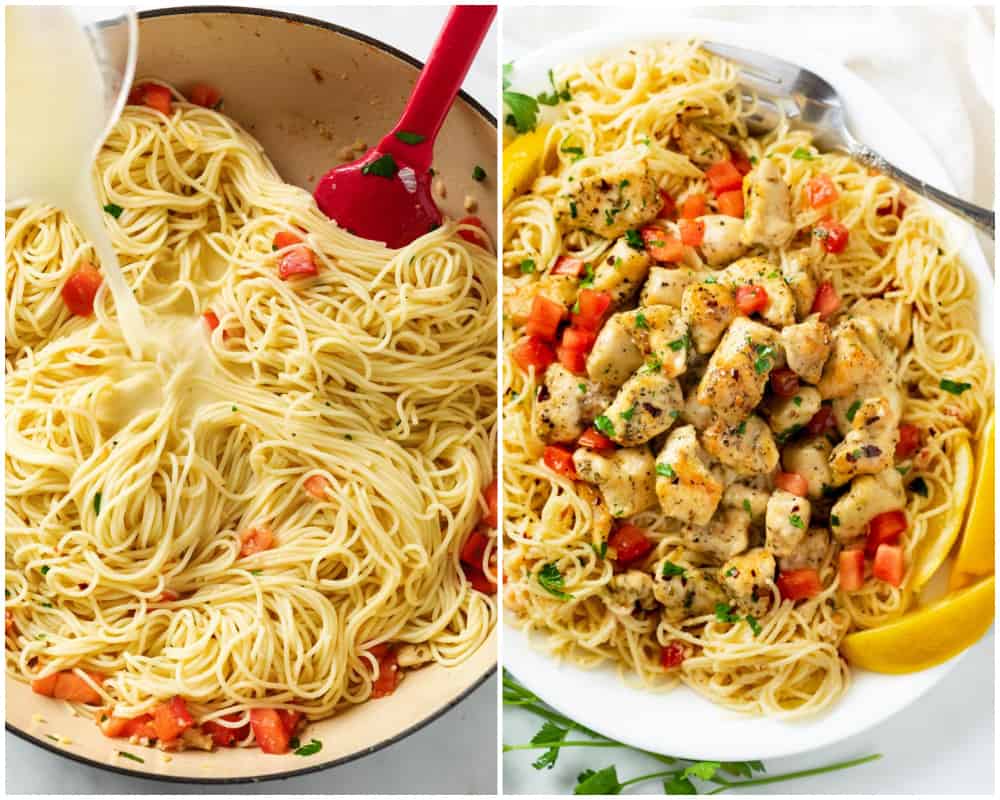 Adding cheesy pasta water to angel hair and combining with chicken to make Chicken Scampi.