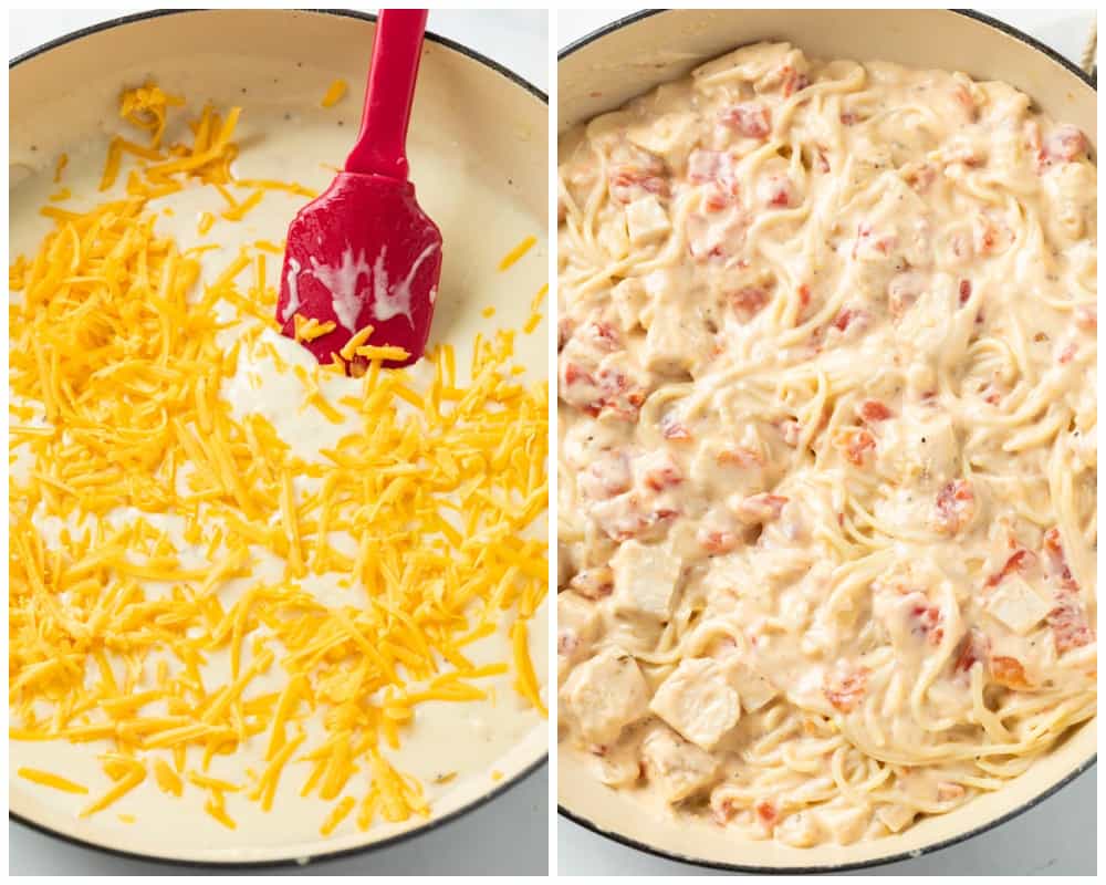 Making chicken spaghetti by adding shredded cheese, spaghetti, and chicken to a casserole dish with cheese sauce.