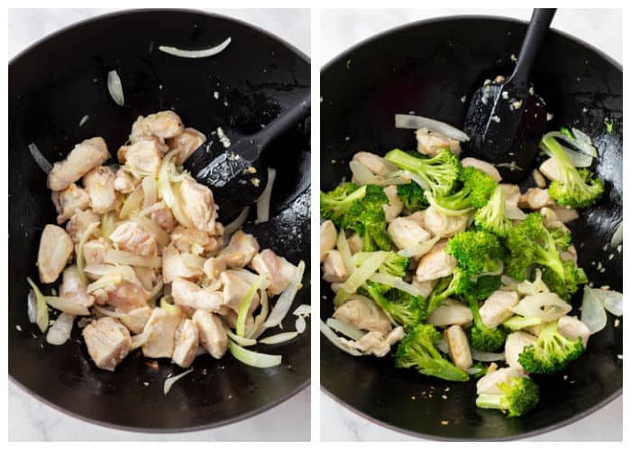 A wok with onions, garlic, chicken, and broccoli for making easy chicken stir fry
