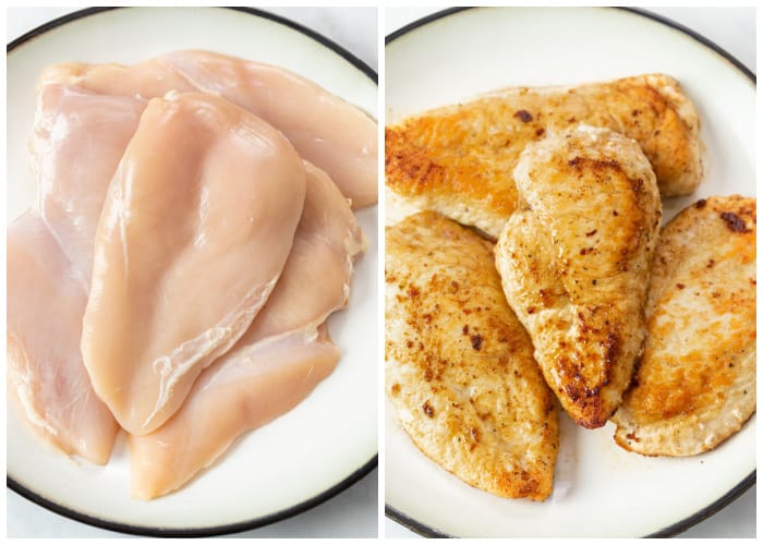 Chicken breasts on a plate before and after being seared.