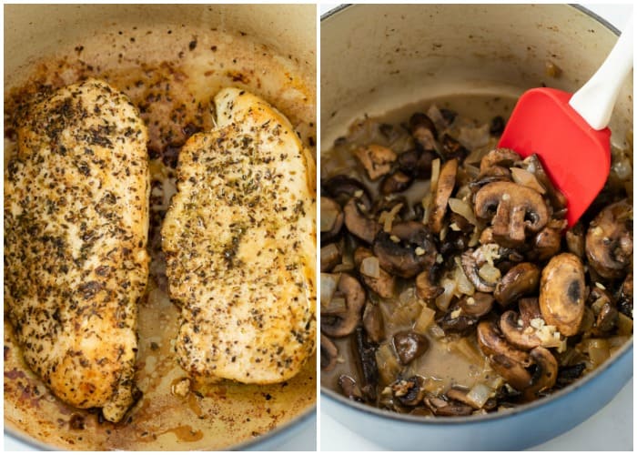 A pot of seared chicken next to a pot of sauteed mushrooms and onions for making Chicken Tetrazzini.