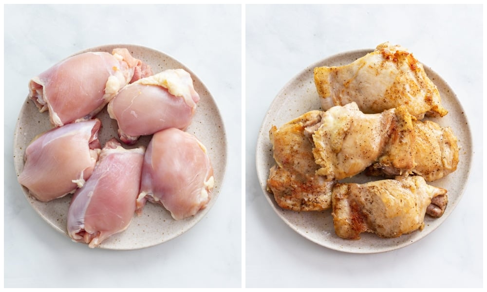 Chicken thighs on a plate before and after being seared.