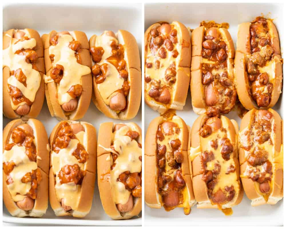 Chili Cheese Dogs in a baking dish before and after being baked.