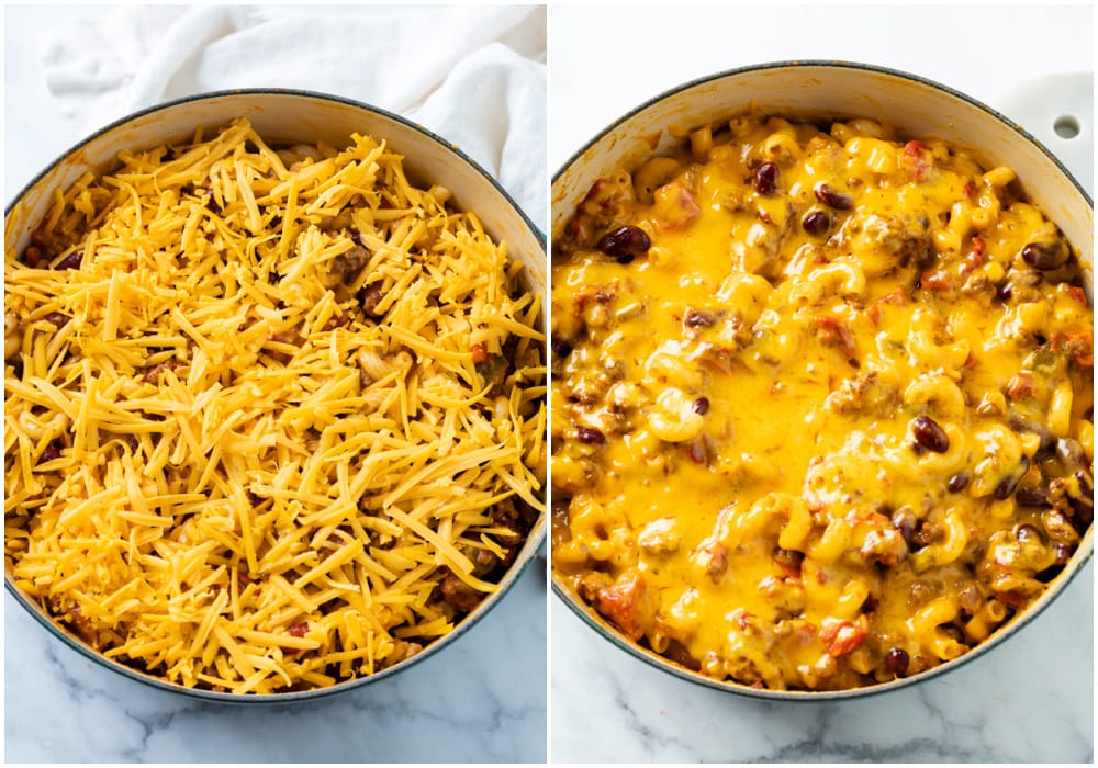 Chili Mac before and after being baked with cheese on top.