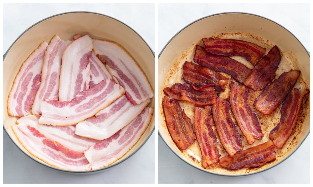Bacon in a soup pot before and after baking.