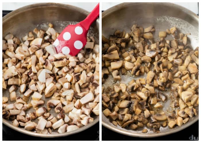 Cooking down diced mushrooms to make ream of mushroom soup.