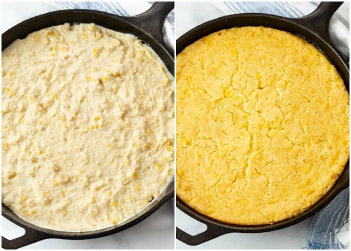 A cast iron skillet with corn casserole before and after baking.