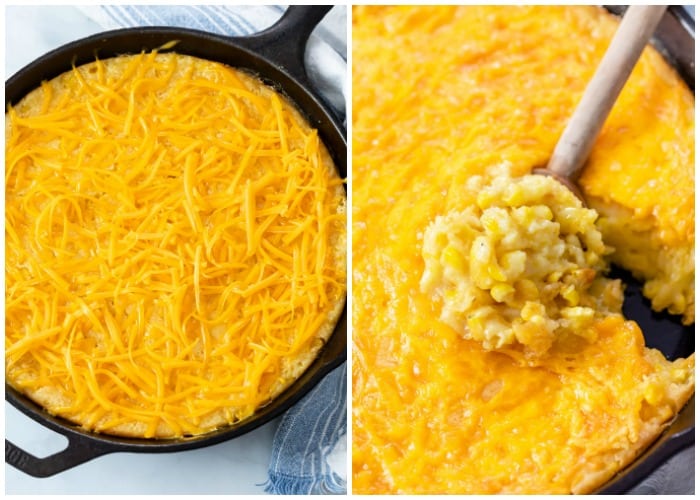 A corn casserole topped with cheese before baking, and a spoon scooping some out after baking.