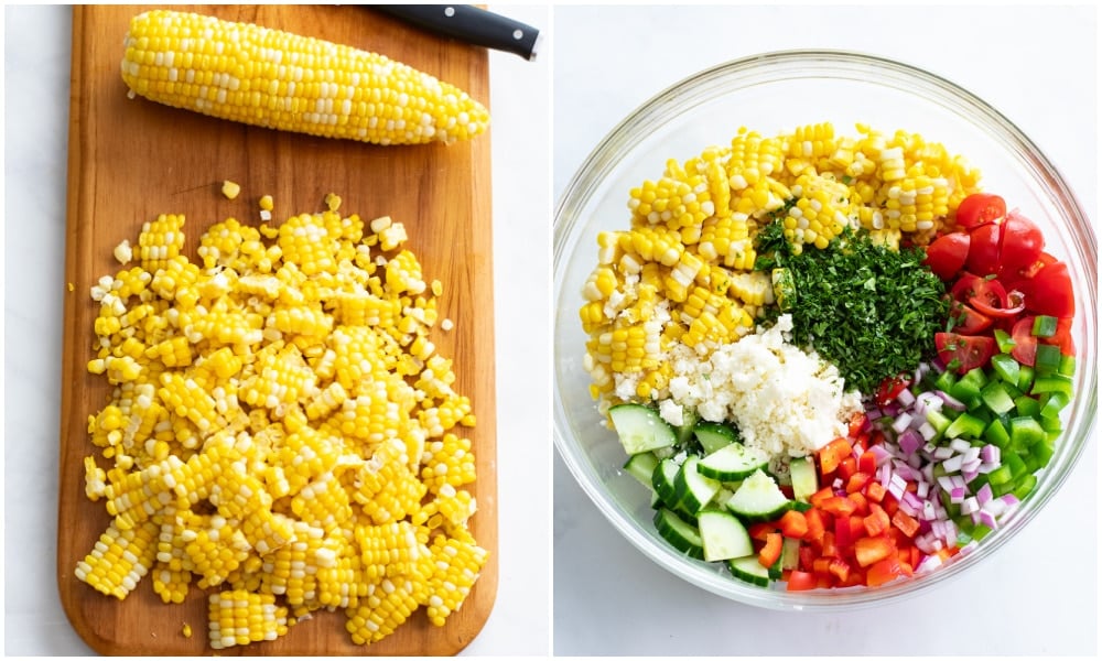 Cutting corn off the cob and putting it in the glass bowl with Corn Salad ingredients.