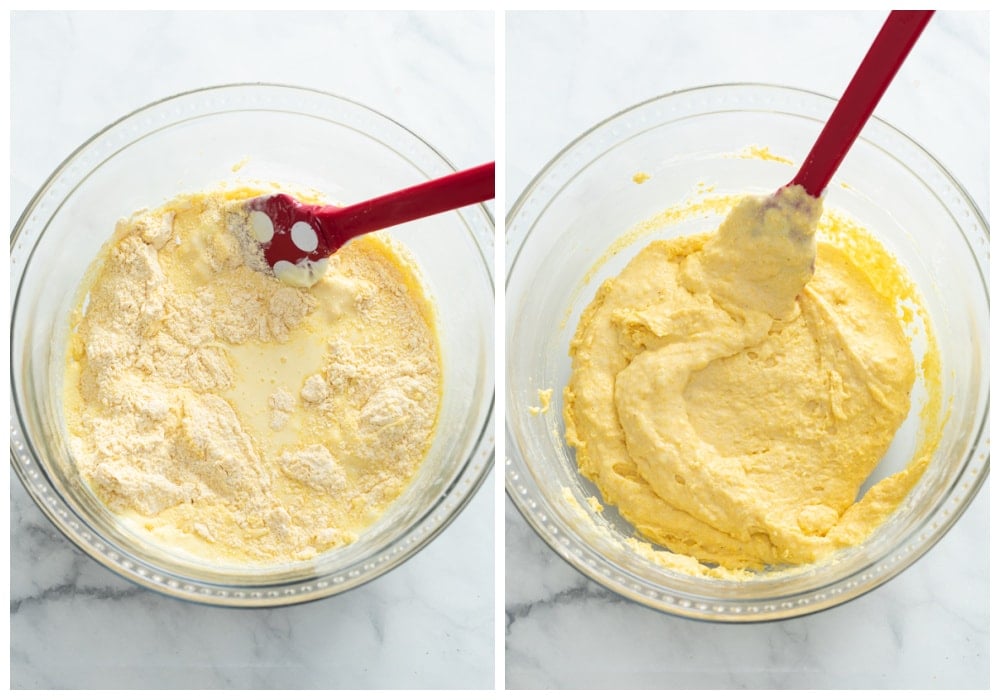 A glass bowl with batter for cornbread before and after mixing.
