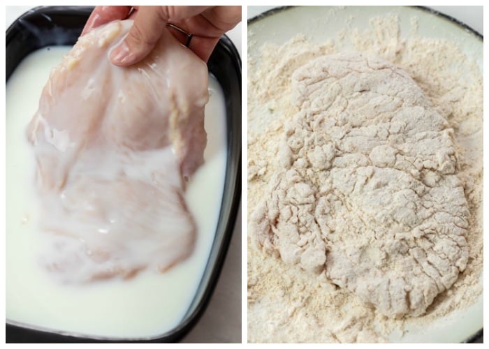 Chicken being marinated in buttermilk and tossed in breading mix for Country Fried Chicken.