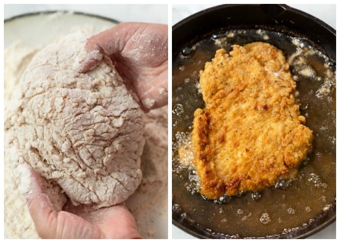 A piece of Country Fried Chicken before and after being fried.