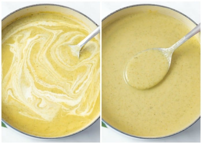 Adding cream to a pot of cream of broccoli soup.