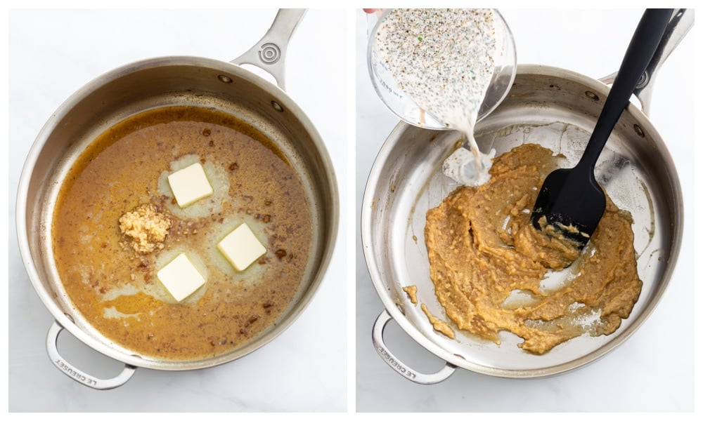 Making a roux in a skillet with butter, garlic, and flour.