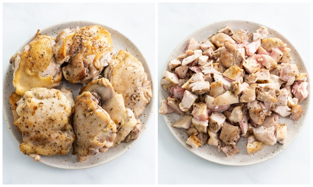 Cooked chicken thighs on a plate before and after being cut up for soup.