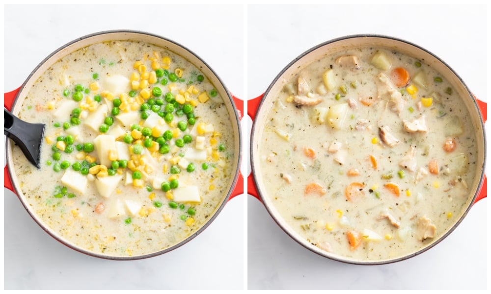 Adding potatoes, corn, and peas to a pot of creamy chicken soup.