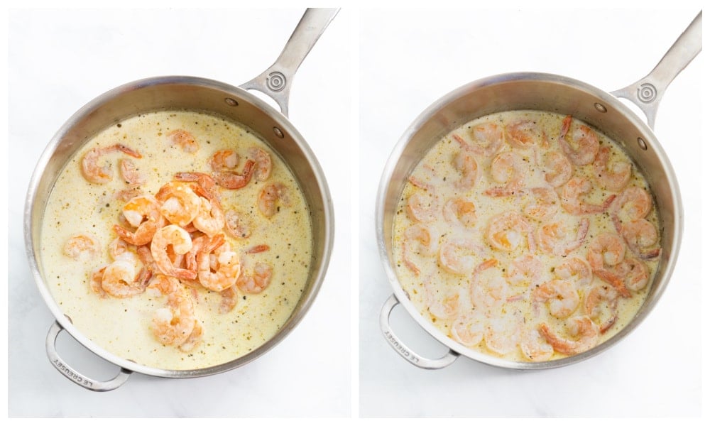 Adding shrimp to a skillet with Creamy Garlic Sauce.