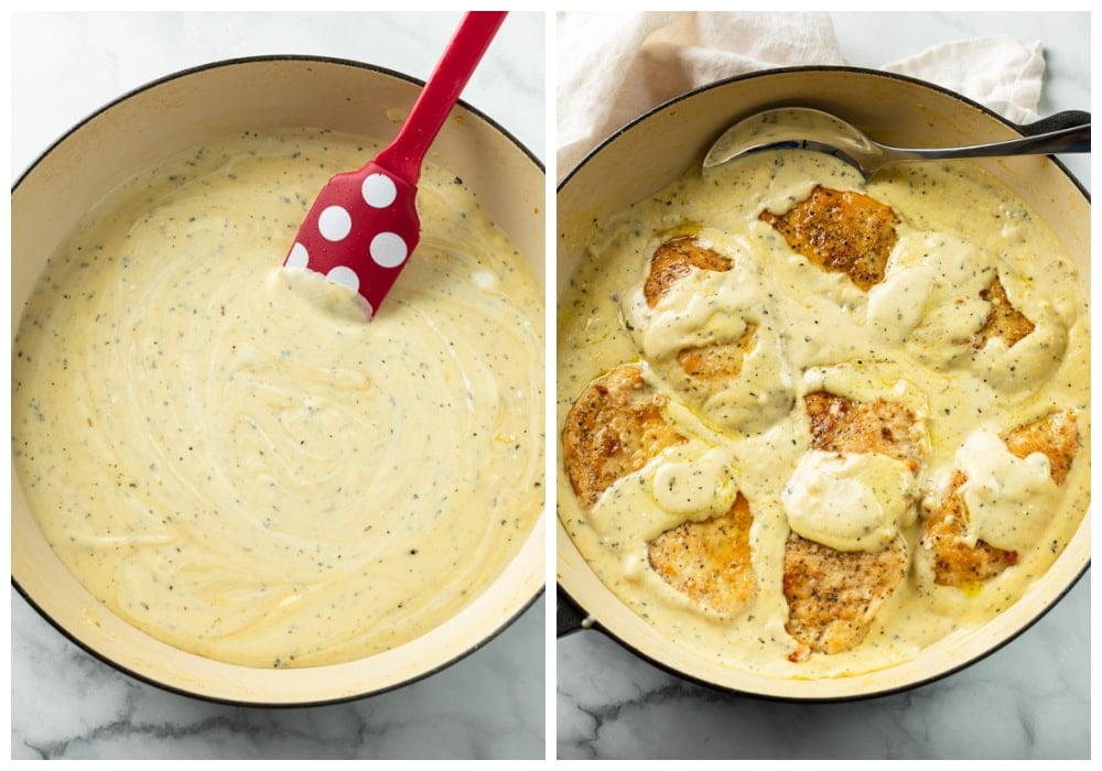 A creamy Herb sauce with chicken being added to it.